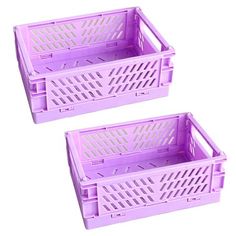 two purple plastic baskets sitting next to each other