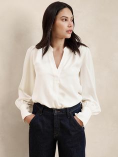 Crepe Volume-Sleeve Blouse | Banana Republic Factory Band Collar Blouse, Silk Camisole, Banana Republic Factory, Banana Republic Women, Buy Buy, Fall Clothes, Band Collar, Fashion 2024, Tailored Shirts