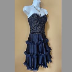 Nwt Vintage Betsey Johnson Navy Dress Party, Cocktail Ruffles, Lace Size 6 Fitted Lace Trim Party Dress, Elegant Cocktail Corset Dress Fit And Flare, Elegant Cocktail Fit And Flare Corset Dress, Fitted Evening Dresses With Lace Trim, Party Lace Fit And Flare Mini Dress, Elegant Blue Mini Corset Dress, Elegant Evening Corset Dress With Fit And Flare, Silk Midi Dress With Lace Trim For Party, Blue Fitted Corset Dress For Evening