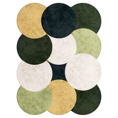 an abstract painting with circles in green, yellow and white