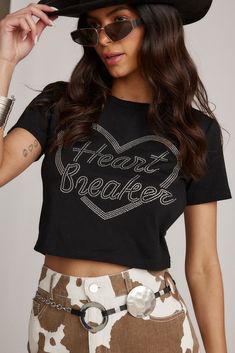 Heartbreaker Black Rhinestone Graphic Tee Y2k Crew Neck T-shirt For Night Out, Trendy Black T-shirt With Heart Print, Y2k Black T-shirt For Night Out, Black Rhinestone T-shirt For Streetwear, Edgy Letter Print T-shirt For Night Out, Y2k Graphic Print T-shirt For Night Out, Trendy Black Tops With Rhinestones, Y2k Style Crew Neck T-shirt For Night Out, Trendy Black Top With Rhinestones