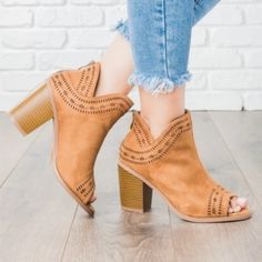 These Ankle Booties Feature A Trendy 3" Chunky Stacked Heel And A Cute Peep Toe Design, Perfect For The Transition Into Spring! The Back Ankle Zipper Makes It Easy To Put These Shoes On And Take Them Off, And The Gorgeous Laser-Cut Details Give These Shoes Some Extra Style And Sass. Paired With A Casual Dress Or New Frayed Bottom Skinny Jeans, These Beauties Would Complete Your Ultimately Stylish Look! Tan Nubuck Fit: True To Size Shipped With Shoebox Open Toe Block Heels For Fall, Fall Open Toe Block Heels, Fall Season Open Toe Block Heels, Casual High Heel Block Heels For Fall, Summer Closed Toe Heeled Boots, Fall Closed Toe Block Heels, Brown Stacked Block Heels For Fall, Casual Block Heels With Round Toe For Fall, Trendy Fall Block Heels With Stacked Heel