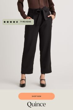 Update your wardrobe with an always-chic paperbag pant. With a little stretch, plenty of pockets, and a removable belt, this will become your go-to pant. Easily dress up or down!  | Quince | Women's Stretch Crepe Paperbag Pants in Black, Size 2, Polyester Trendy Tie Waist Workwear Bottoms, Trendy Workwear Bottoms With Tie Waist, Trendy Paperbag Waist Bottoms For Work, Chic Paperbag Waist Bottoms With Belt Detail, Chic Bottoms With Belt Detail And Paperbag Waist, Trendy Belted Paperbag Waist Bottoms, Chic Paperbag Waist Bottoms With Belt, Trendy Belted Bottoms With Paperbag Waist, Chic Belted Paperbag Waist Pants