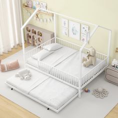 a baby's room with a crib, bed and stuffed animals on the floor