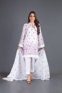 Bareeze Salsame Range Bnl1048 White Dress White Tunic Sets For Eid, Long Sleeve Cotton Dress With Dabka Work, Cotton Tunic Dress For Eid, Long Sleeve Cambric Dresses For Spring, Spring Cambric Dresses With Long Sleeves, Spring Long Sleeve Cambric Dress, Long Sleeve Cotton Salwar Kameez With Naqshi, Unstitched Cotton Lawn Suit With Long Sleeves, Cotton Dress With Dabka Work For Eid