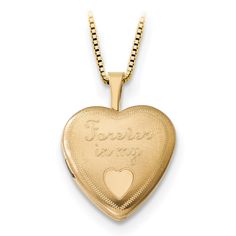 14k Yellow Gold Forever in Heart Locket/Gold-plated Sterling 1 Pendant , Average Weight 2.4 gm, Chain Length 14 inches to 18 inches 14k Gold Heart Pendant Locket For Anniversary, Gold Sterling Silver Locket Necklace For Anniversary, 14k Gold Polished Locket Necklace For Anniversary, 14k Gold Heart Pendant Locket Necklace For Anniversary, 14k Gold Locket Jewelry For Anniversary, 14k Gold Keepsake Jewelry, Heart-shaped Polished Jewelry For Anniversary, Heart-shaped Anniversary Jewelry With Polished Finish, 14k Yellow Gold Locket Necklace For Anniversary