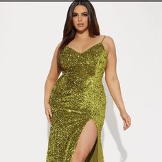 Plus Size Formal Sequin Gown Size 1x Color: Charteuse Stunning In Person...Was Just A Bit Sexy For My Teen To Wear, So We Are Passing It Along At What We Paid For It (It Is A Steal). Never Worn, Bnwt. Plus Size Formal, Sequin Gown, Fashion Nova Dress, Fashion Nova Dresses, Fashion Nova, Sequin, Prom Dresses, Prom, Plus Size