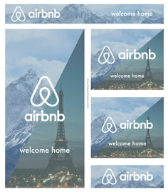 the air bnb logo is shown in four different colors and font styles, with mountains behind it