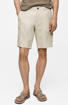 Breathable linen means easy comfort in these slim-fit Bermuda shorts with easy appeal. Zip fly with button closure Front slant pockets; coin pocket; back button-welt pockets 100% linen Machine wash, line dry Imported Linen Workwear Shorts With Welt Pockets, Linen Shorts With Welt Pockets For Work, Relaxed Fit Linen Bermuda Shorts For Workwear, Beige Linen Shorts For Work, Modern Beige Linen Bottoms, Casual Linen Bermuda Shorts For Work, Classic Short Linen Bottoms, Classic Bermuda Shorts With Welt Pockets For Summer, Classic Summer Bermuda Shorts With Welt Pockets