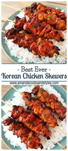 chicken skewers with rice and sauce on top are shown in two different pictures