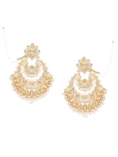 These beautiful off-white crescent-shaped chandbali earrings come with kundan stone studs & beads, are gold-plated, and are secured with a post and back closure. Comes with beaded detachable, gold-plated ear chains. These handcrafted chandbalis can be styled with any ethnic outfit, or an evening outfit to complete a captivating look. Product color may vary based on the monitor or screen you are using.See FAQ for more details. Size Length of earring: 11 cmLength of ear chain: 11 cm Details Materi White Chandbali Hoop Earrings For Celebration, White Gold Plated Chandbali Pearl Earrings, Gold-plated Chandbali Danglers With Pearl Drop, Festival Chandbali Hoop Earrings With Pearl Drop, Chandbali Pearl Drop Danglers For Reception, Gold Plated Chandbali Earrings For Diwali, Festive White Chandbali Hoop Earrings, Elegant Gold Chandbalis With Dangling Beads, Gold Plated Chandbalis For Diwali