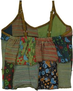 Hippie Green Shroom Patchwork Cropped Top | Tunic-Shirt | Green | Sleeveless, Stonewash, Embroidered, Vacation, Bohemian, Handmade, Junior-Petite Multicolor Sleeveless Cotton Crop Top, Green Patchwork Tops For Festival, Multicolor Handmade Hippie Tops, Handmade Multicolor Hippie Tops, Multicolor Patchwork Tank Top For Summer, Spring Cotton Tank Top With Patchwork, Sleeveless Summer Crop Top With Patchwork, Hippie Sleeveless Cotton Crop Top, Bohemian Patchwork Tank Top For Summer