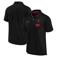 a black polo shirt with red letters on the chest and an aa logo on the back