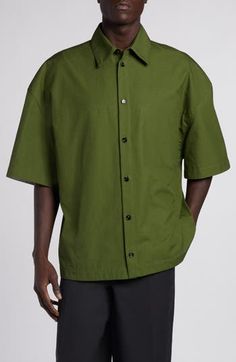 Tailored in a relaxed fit from cotton oxford cloth, this workwear-inspired shirt is subtly accented with stitched-down inverted pleats. 30" length; 50" chest (size 48 EU) Front button closure Spread collar Short sleeves 100% cotton Dry clean Made in Italy Designer Clothing Green Button-up Shirt With Patch Pockets, Classic Cotton Short Sleeve Shirt With Patch Pockets, Cotton Button-up Short Sleeve Shirt With Patch Pockets, Cotton Short Sleeve Button-up Shirt With Patch Pockets, Modern Shirt With Relaxed Fit And Camp Collar, Cotton Short Sleeve Work Shirt With Patch Pockets, Cotton Short Sleeve Shirt With Patch Pockets For Work, Green Work Shirt With Patch Pockets, Relaxed Fit Short Sleeve Button-up Shirt With Patch Pockets