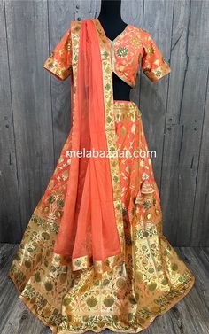 Gorgeous peach and gold Banarsi Lehenga set.  Includes * kalidar lehenga finely stitched with lining and finished with latkans. *  designer padded blouse, with extra stitches to go up a couple sizes. * chiffon dupatta with Banarsi border. Festive Peach Lehenga With Dupatta, Peach Semi-stitched Lehenga With Dupatta, Peach Banarasi Lehenga, Peach Lehenga With Sheer Dupatta, Semi-stitched, Semi-stitched Peach Cutdana Dupatta, Organza Dupatta, Lehenga Choli, Lehenga, Chiffon