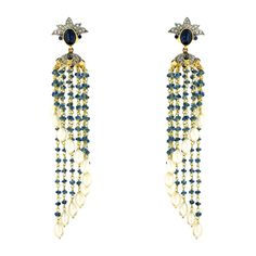 These tassel earrings are handmade in 14-karat gold & sterling silver. It is set in 21.5 carats pearl, 24.23 carats sapphire and .73 carats of diamonds. FOLLOW MEGHNA JEWELS storefront to view the latest collection & exclusive pieces. Meghna Jewels is proudly rated as a Top Seller on 1stDibs with 5 star customer reviews. All items manufactured by us are handmade and can be customized or redesigned. Composition Size-98X14 MM Total Weight-21.162 Gold Weight(Gms)-8.14 Silver Weight(Gms)-3.73 Diamon Chandelier Jewelry, Mixed Metal Jewelry, Earring Ideas, Top Seller, Sapphire Diamond, Tassel Earrings, Chains Jewelry, Metal Jewelry, Diamond Jewelry