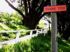 an orange and black sign that says thank you on the side of a road next to a tree