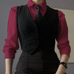 Women In Bow Ties Outfit, Body Suites Outfit, Suit Vest Reference, Prom Suit Ideas Women, Prom Tux For Women, Women In Red Suits, Bodyguard Outfit Female, Fancy Masculine Outfits, Security Guard Outfit Women