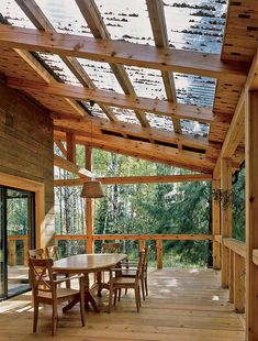 a wooden deck with table and chairs under a pergolated roof over looking the woods