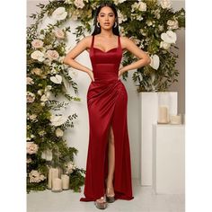 -Item Id 13862478 -Details: Backless, Zipper, Split Thigh -Neckline: Straps -Type: Sheath -Pattern Type: Plain -Sleeve Length: Sleeveless -Length: Maxi -Color: Burgundy -Fit Type: Slim Fit -Fabric: Non-Stretch -Material: Woven Fabric -Composition: 97% Polyester, 3% Elastane -Care Instructions: Machine Wash Or Professional Dry Clean -Sheer: No **Open To Offers!!!** **Bundle To Save More** **30% Off Bundles Of 2 Or More Items!!** ***Orders Go Out Within 5-10 Business Days!! Thank You For Your Pati Rose Red Bridesmaid Dresses, Ruby Red Bridesmaid Dresses, Versatile Bridesmaid Dress, Open Back Evening Gown, Red Mermaid Prom Dress, Wine Colored Dresses, Satin Bridesmaid Dress, Prom Dresses Simple, Maid Of Honour Dresses