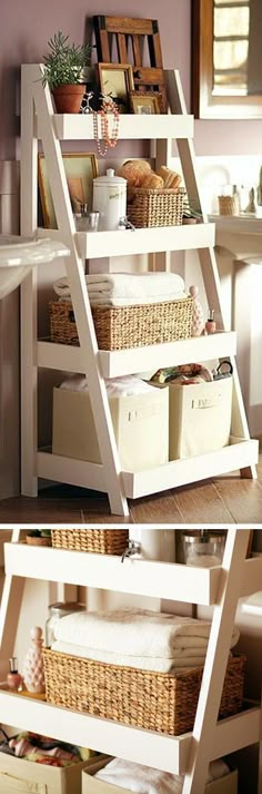 a bathroom with a ladder shelf filled with baskets next to a white sink and mirror