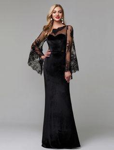 Sheath / Column Elegant Dress Wedding Guest Engagement Floor Length Long Sleeve Illusion Neck Lace with Lace Insert Sparkly Prom Dresses, Floral Prom Dresses, Evening Dresses Online, Cheap Evening Dresses, Dress Wedding Guest, Mob Dresses, Evening Dresses Cocktail, Illusion Dress, فستان سهرة