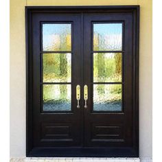 a black double door with glass on the front and side doors are shown in this image