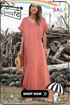 Pink Loose Fit Cotton Blend V Neck Maxi Dress with Slits Casual Longline Midi Dress With Side Slits, Casual Solid Midi Dress With Side Slits, Casual Dresses With Side Slits And Split Hem, Spring Dresses With Split Design, Casual Midi Dress With Split Design For Spring, Casual Spring Midi Dress With Split Design, Casual Beach Maxi Dress With Split Design, Solid Shift Maxi Dress For Vacation, Casual Long Dresses With Side Slits