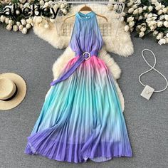 Size(cm)  Length   Bust   Waist  S 127 82 62 M 128 86 66 L 129 90 70 Spaghetti Strap Long Dress, Maxi Vestidos, Simple Frocks, Cyan Blue, Rainbow Dress, Women Halter, Pleated Maxi, Women Long Dresses, Clothes To Buy