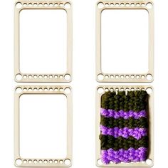 two frames with purple and green yarn in them on a white surface next to each other