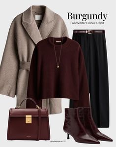 Burgundy Outfits For Women Winter, Short Wool Coat Outfit, Short Coat Outfits For Women, Stylish Work Outfits 2024 Winter, Burgundy Winter Outfits, Black And Burgundy Outfit, Winter Evening Outfits, Evening Outfits For Women, Winter Outfit Formal