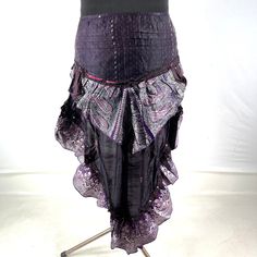 Luna Steampunk Over Skirt, Bustle skirt, tribal mini skirt, fashioned from vintage silk brocade.  This tail skirt is a great addition to all sorts of outfits.  Easily add an extra, colourful layer over leggings, tights, skirts or shorts. Wear at the back or side. The skirt is adjustable in fitting. It has 2 silk ties which are attached to two strong brass hoops for added style and functionality. Strong stitching, pleating and layers of ruched fabric on the tail makes this an eternally stunning p Stretch Punk Skirt For Party, Punk Style Stretch Skirt For Party, Gothic Mini Skirt For Halloween Festival, Gothic Halloween Festival Mini Skirt, Halloween Alternative Fashion Fitted Mini Skirt, Fitted Mini Skirt For Halloween, Gothic Mini Skirt For Costume Party, Gothic Fitted Mini Skirt For Cosplay, Fitted Punk Style Party Skirt