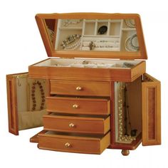 an open wooden jewelry box on wheels