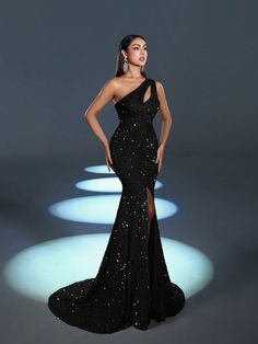 Sequin One Shoulder Mermaid Hem Split Formal Dress Black Elegant Prom Evening Wedding Guest Gown, For Graduation, Dinner Black Party  Sleeveless Sequins Plain,All Over Print Bodycon Slight Stretch  Weddings & Events, size features are:Bust: ,Length: ,Sleeve Length: Formal Dresses Mermaid, Black Formal Gown, Formal Dress Black, Wedding Guest Gowns, فستان سهرة, Women Formals, Evening Wedding, Black Party, Evening Party Dress