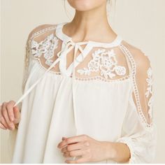 Boho Blouse S/M Feminine Spring Blouse With Lace Sleeves, Chic Blouse With Sheer Sleeves For Spring, Casual Blouse With Lace Sleeves For Brunch, Spring Blouse With Sheer Sleeves And Flowy Fit, Spring Blouse With Sheer Flowy Sleeves, Feminine White Tops With Lace Sleeves, Feminine White Top With Lace Sleeves, Chic Summer Blouse With Sheer Sleeves, White Blouse With Lace Sleeves For Spring