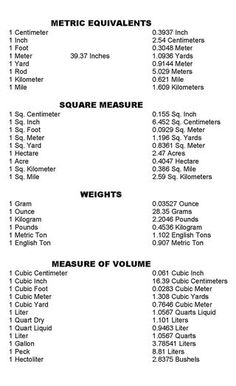 an image of a table with numbers and measurements for different parts of the equipment in it