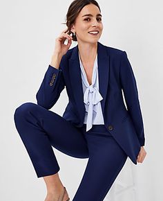 Elevate your professional wardrobe with the Ann Taylor Petite Long One Button Blazer in Pure Sapphire. This impeccably tailored piece is designed to keep you looking polished from morning to evening, thanks to its refined bi-stretch fabric that maintains both shape and comfort. 

- **Size:** Petite 6
- **Color:** Pure Sapphire
- **Material:** Shell: 66% Polyester, 28% Rayon, 6% Spandex; Lining: 100% Polyester
- **Fit:** Tailored
- **Length:** Hits at hip, approximately 24 1/2" long
- **Features: Express Suits For Women, Professional Outfits Women Suit, Navy Blue Woman Suit, Woman Suit Fashion Wedding Guest, Women’s Navy Suit Outfit, Women Navy Suit Outfit, Women's Suit Outfit, Women’s Navy Blue Suit, Navy Interview Outfit Women