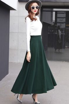 Classical flared skirt for women j001 – xiaolizi Transform Old Clothes, Green Wool Skirt, Corduroy Skirts, Green Skirt Outfits, Patterns Skirt, Style Dress Patterns, Long Wool Skirt, Skirt Patterns, Fashion Vest