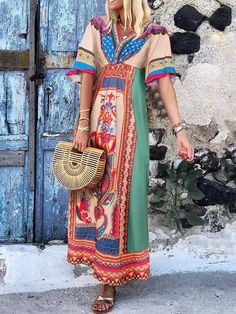 US$ 38.84 - Casual Bohemia Printed V Neck Vacation Maxi Dress - www.streetally.com Bohemian Printed Tunic Dress, Long Printed Hippie Dresses, Bohemian Printed Boho Dress With Short Sleeves, Bohemian Boho Dress With Printed Short Sleeves, Folk Style Floral Print Maxi Dress For Beach, Bohemian Short Sleeve Printed Dress, Bohemian Boho Dress With Short Sleeves And Print, Bohemian Boho Dress With Short Sleeves, Multicolor Folk Dress With Floral Print