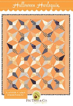 an orange and black quilt with the words halloween harlequin written in white on it