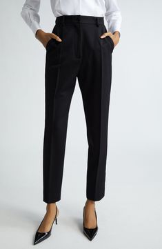 Inspired by the rich imagery of 1960s Sicily, these wool-blend gabardine trousers boast a clean, tailored silhouette and straight legs cropped at the ankle. Zip fly with button closure Front slant pockets; back welt pockets 89% virgin wool, 9% silk, 2% polyester Dry clean Made in Italy Designer Clothing Straight Silhouette Dress Pants With Belt Loops For Office, Chic Evening Bottoms With Straight Hem, Formal Dress Pants With Belt Loops, Business Dress Pants With Belt Loops, Business Dress Pants With Belt Loops And Straight Silhouette, Formal Bottoms With Belt Loops And Straight Silhouette, Formal Straight Silhouette Pants With Belt Loops, Formal Bottoms With Straight Silhouette, Tailored Dress Pants With Belt Loops And Straight Silhouette