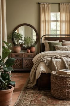 a bed sitting next to a window in a room with potted plants on top of it