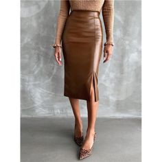 -Item Id 22776822 -Details: Split -Style: Elegant -Type: Pencil -Color: Brown -Pattern Type: Plain -Waist Line: Natural -Length: Long -Fit Type: Regular Fit -Fabric: Non-Stretch -Coating: 100% Polyurethane -Material: Pu Leather -Composition: 95% Polyester, 5% Elastane -Care Instructions: Machine Wash, Do Not Dry Clean,Wash With The Soft Detergent -Sheer: No Brown Leather Skirt Outfit, High Waisted Leather Skirt, Long Leather Skirt, Brown Leather Skirt, Chiffon Long Dress, Classic Capsule Wardrobe, Pu Leather Skirt, Pencil Skirt Outfits, Classy Winter Outfits