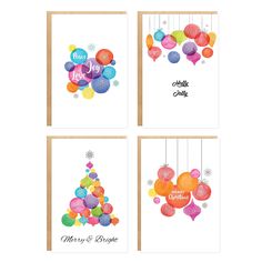 four christmas cards with balloons hanging from strings