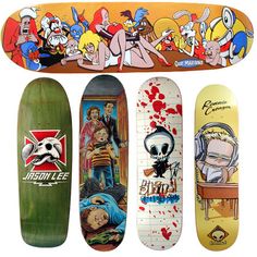 four skateboards with cartoon characters on them and one has an image of the same person