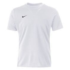 Nike Park VII Jersey. - Classic Nike soccer jersey with round neck. - Polyester Dri-FIT material wicks away sweat to help you stay dry. - Mesh sides and back increase airflow and keep you cool. White Breathable Sportswear T-shirt, White Breathable Cotton Jersey, White Short Sleeve Sports Jersey, White Short Sleeve Jersey Sportswear, White Breathable Short Sleeve Jersey, White Short Sleeve Sporty Jersey, Functional White Crew Neck T-shirt, White Short Sleeve Jersey With Moisture-wicking, White Workout T-shirt With Team Name