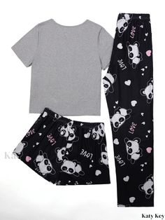 Katykey - Premium Plus Size Loungewear Set for Women - Adorable Three-Piece Pajama Set with Cartoon Panda Print, Short Sleeve Crew Neck Tee, and Coordinated Shorts and Pants Alphabet Style, Cartoon Panda, Panda Print, Loungewear Set, Pajama Sets, Three Piece, Crew Neck Tee, Set For Women, Pajama Set