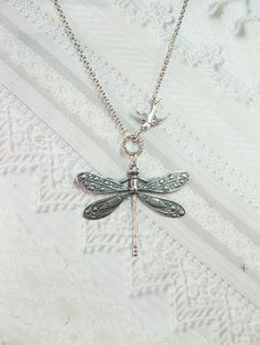 Silver Necklace SILVER DRAGONFLY and Sparrow by birdzNbeez Elegant Adjustable Dragonfly Jewelry, Elegant Silver Dragonfly Jewelry, Dainty Sterling Silver Dragonfly Jewelry, Dainty Silver Dragonfly Jewelry, Unique Nickel Free Necklace For Wedding, Dragonfly Shaped Sterling Silver Jewelry Gift, Sterling Silver Dragonfly Jewelry Gift, Whimsical Silver Pendant Jewelry, Elegant Dragonfly Jewelry For Wedding