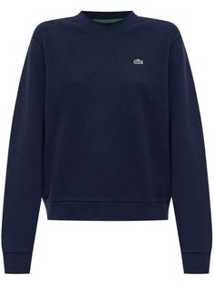 navy blue cotton blend fleece texture crew neck long sleeves appliqué logo straight hem ribbed trim Navy Crew Neck Top With Logo Detail, Fall Sweater With Logo Detail And Relaxed Fit, Long Sleeve Sweater With Logo Detail For Spring, Spring Long Sleeve Sweater With Logo Detail, Navy Athleisure Sweatshirt With Ribbed Cuffs, Blue Crew Neck Sweats For Spring, Blue Cotton Sweatshirt With Ribbed Neckline, Spring Long Sleeve Sweatshirt With Logo Detail, Blue Long Sleeve Sweatshirt With Ribbed Neckline