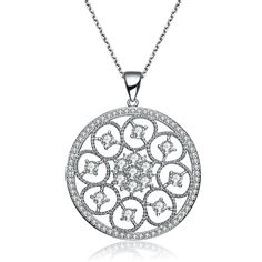 With exquisite details and intricate finishings, this piece truly embodies glamour. This sterling silver pendant features CZ accents. It comes with an 18 inch chain and has a spring ring closure. Only if necessary, use a suede cloth and delicately clean the surface of the jewel Item Should not come in contact with water Silver Necklace With Intricate Crystal Design, Silver Crystal Necklace With Intricate Design, Sterling Silver Diamond Flower Pendant Necklace, Luxury Silver Filigree Diamond Necklace, Luxury Silver Diamond Filigree Necklace, Dazzling White Gold Necklace With Intricate Design, White Gold Necklace With Intricate Cubic Zirconia Design, Dazzling Silver Diamond Necklace With Elegant Design, Elegant Silver Diamond Necklace With Filigree